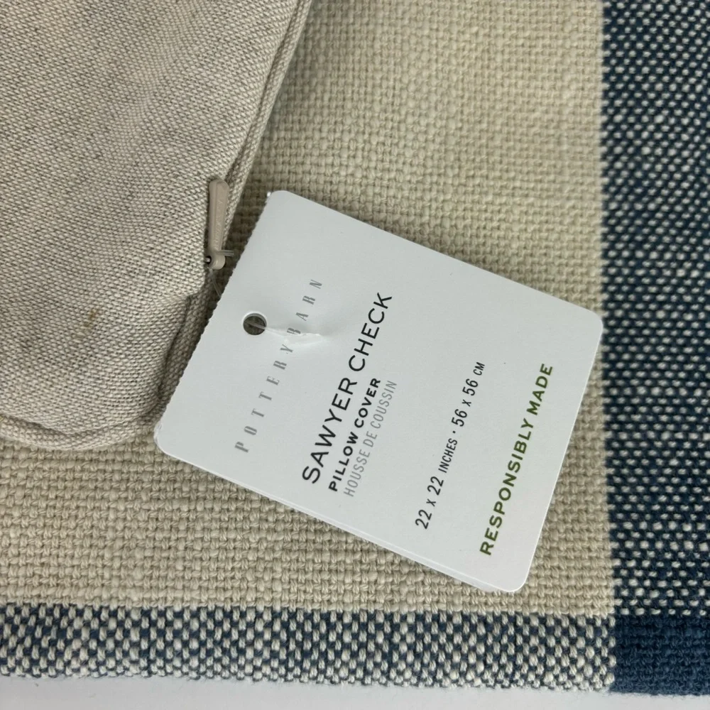 Pottery Barn Sawyer Check in Cream& blue pillow cover-NWT - Picture 5 of 10